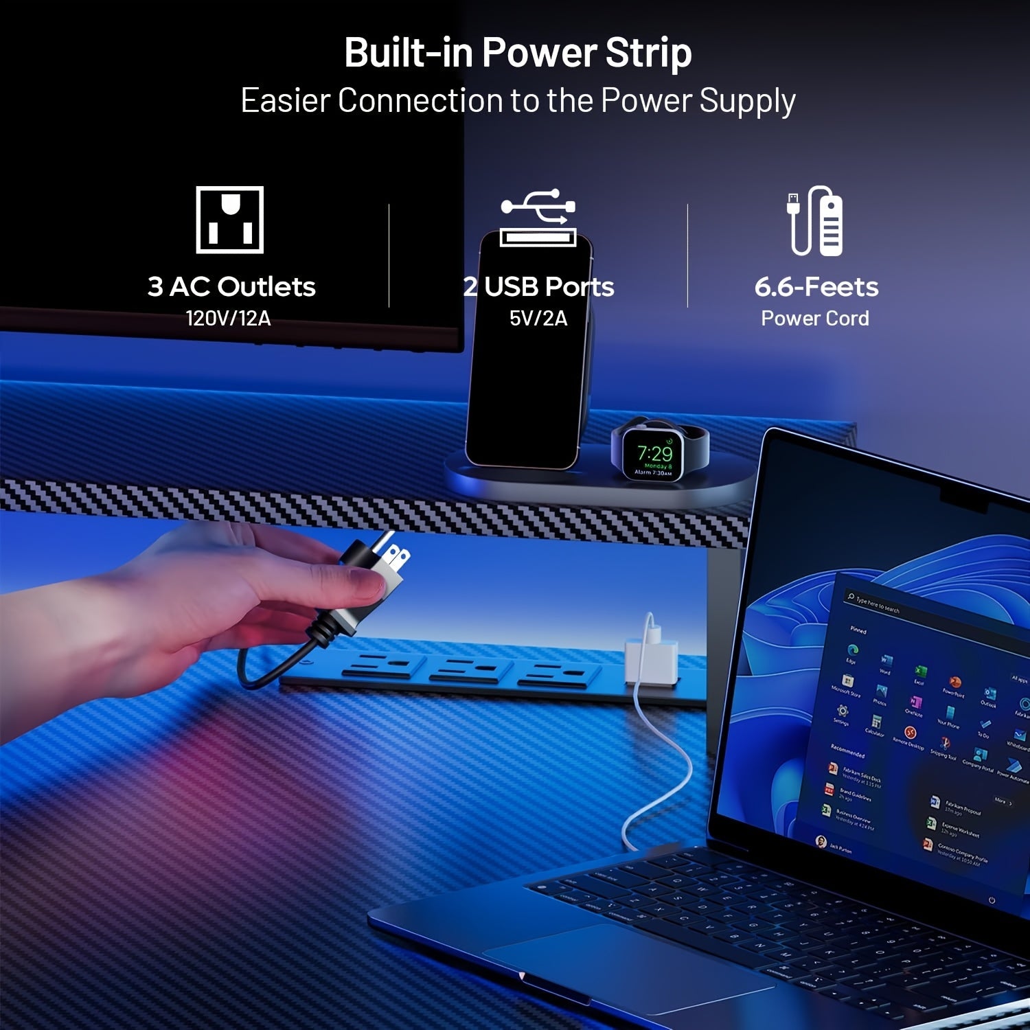 HLFurniNova RGB LED Gaming Desk with Power Outlets And Monitor Stand, Ergonomic Computer Gaming Workstation, Large Carbon Fibre Tabletop Home Office Desk with Cup Holder And Headphone Hook, Black, Gaming Room Accessories, Gaming Room Decor, Workstation Setup, Modern Workstation, Stylish Gaming Table, Premium Workstation, Solid Wood Desk, Streamers, Pc Gamers