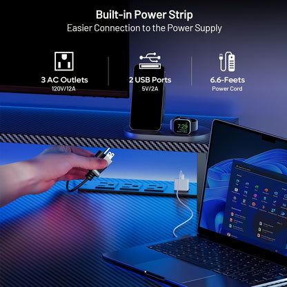 HLFurniNova RGB LED Gaming Desk with Power Outlets And Monitor Stand, Ergonomic Computer Gaming Workstation, Large Carbon Fibre Tabletop Home Office Desk with Cup Holder And Headphone Hook, Black, Gaming Room Accessories, Gaming Room Decor, Workstation Setup, Modern Workstation, Stylish Gaming Table, Premium Workstation, Solid Wood Desk, Streamers, Pc Gamers