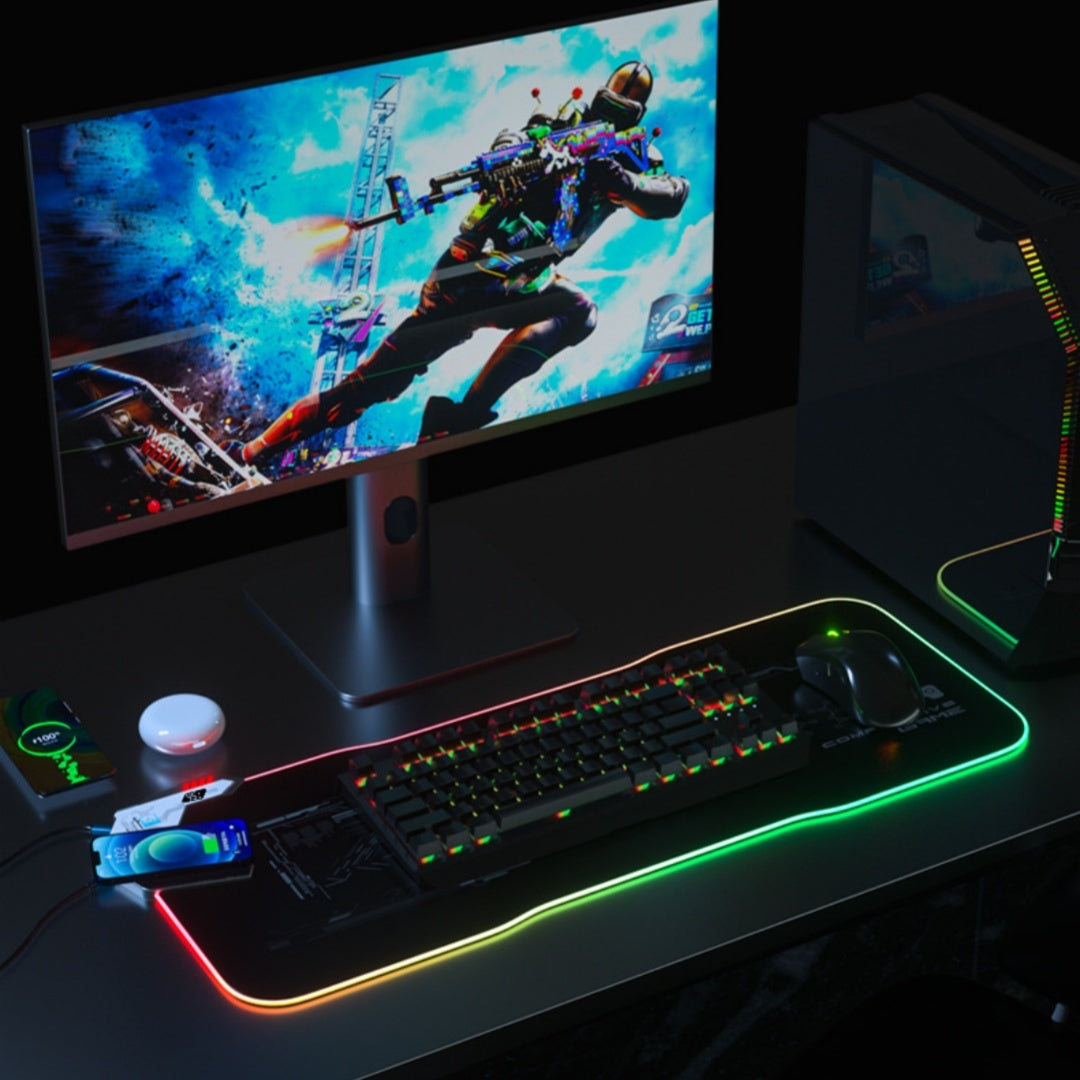 Wireless Charging Mouse Pad - RGB Gaming Mat with USB Hub & Cloth Surface