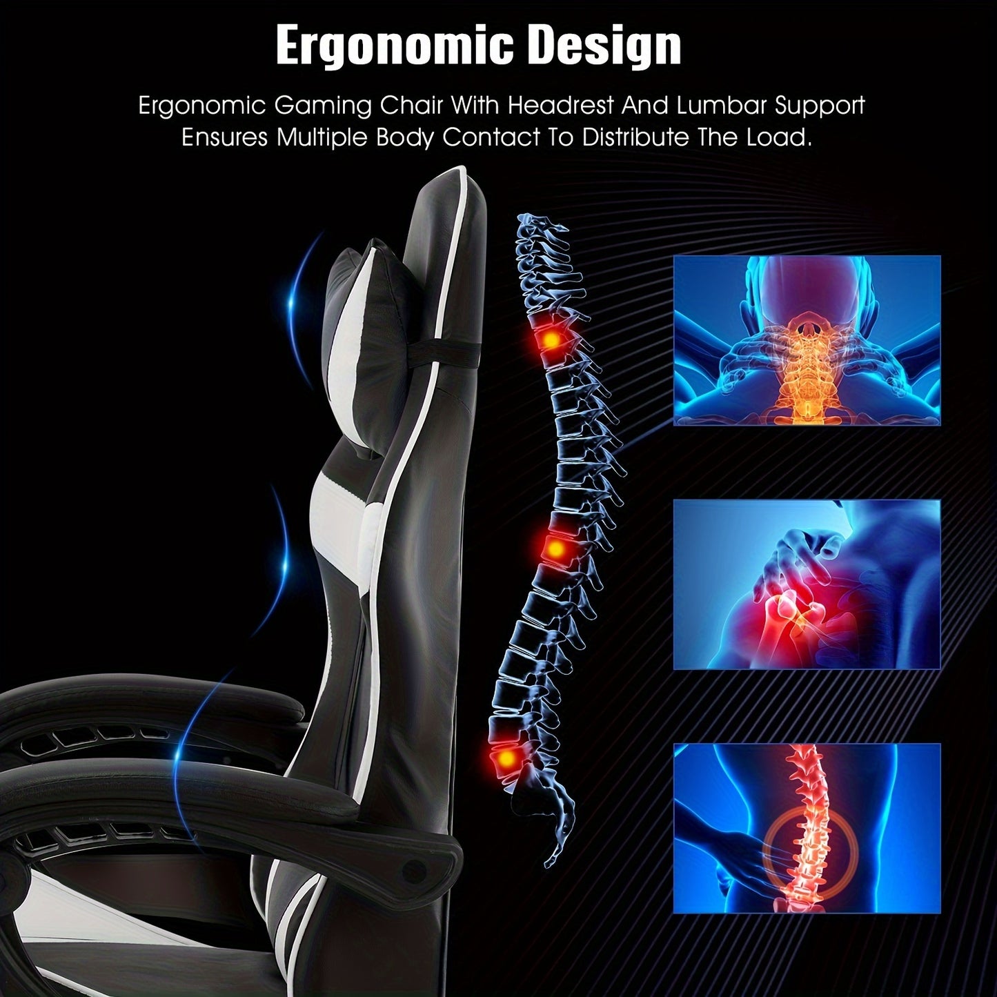 Gaming Chair With Footrest Office Desk Chair Ergonomic Gaming Chair PU Leather Reclining High Back Adjustable Swivel Lumbar Support Racing Style E-Sports Video Gamer Chairs