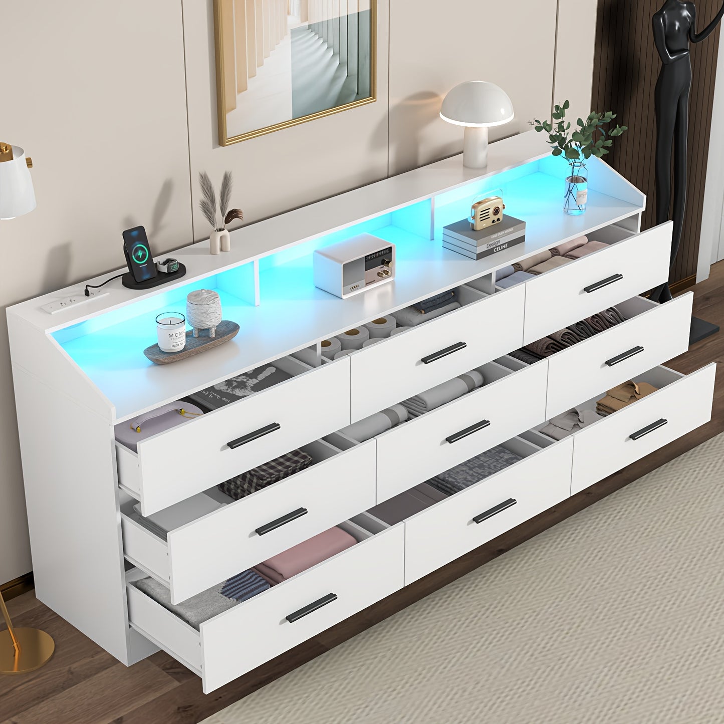 [Home Relaxation] Modern White 9-Drawer Double Dresser with LED Lighting & Power Outlet – Stylish Bedroom and Closet Organizer, Spacious Storage for Home, Perfect for Makeup, Accessories, and Personal Items, Bedroom Organizer | Minimalist Design | Integrated Power Outlet, Bedroom Decor And Accessories, Storage Drawer Units
