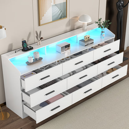 [Home Relaxation] Modern White 9-Drawer Double Dresser with LED Lighting & Power Outlet – Stylish Bedroom and Closet Organizer, Spacious Storage for Home, Perfect for Makeup, Accessories, and Personal Items, Bedroom Organizer | Minimalist Design | Integrated Power Outlet, Bedroom Decor And Accessories, Storage Drawer Units