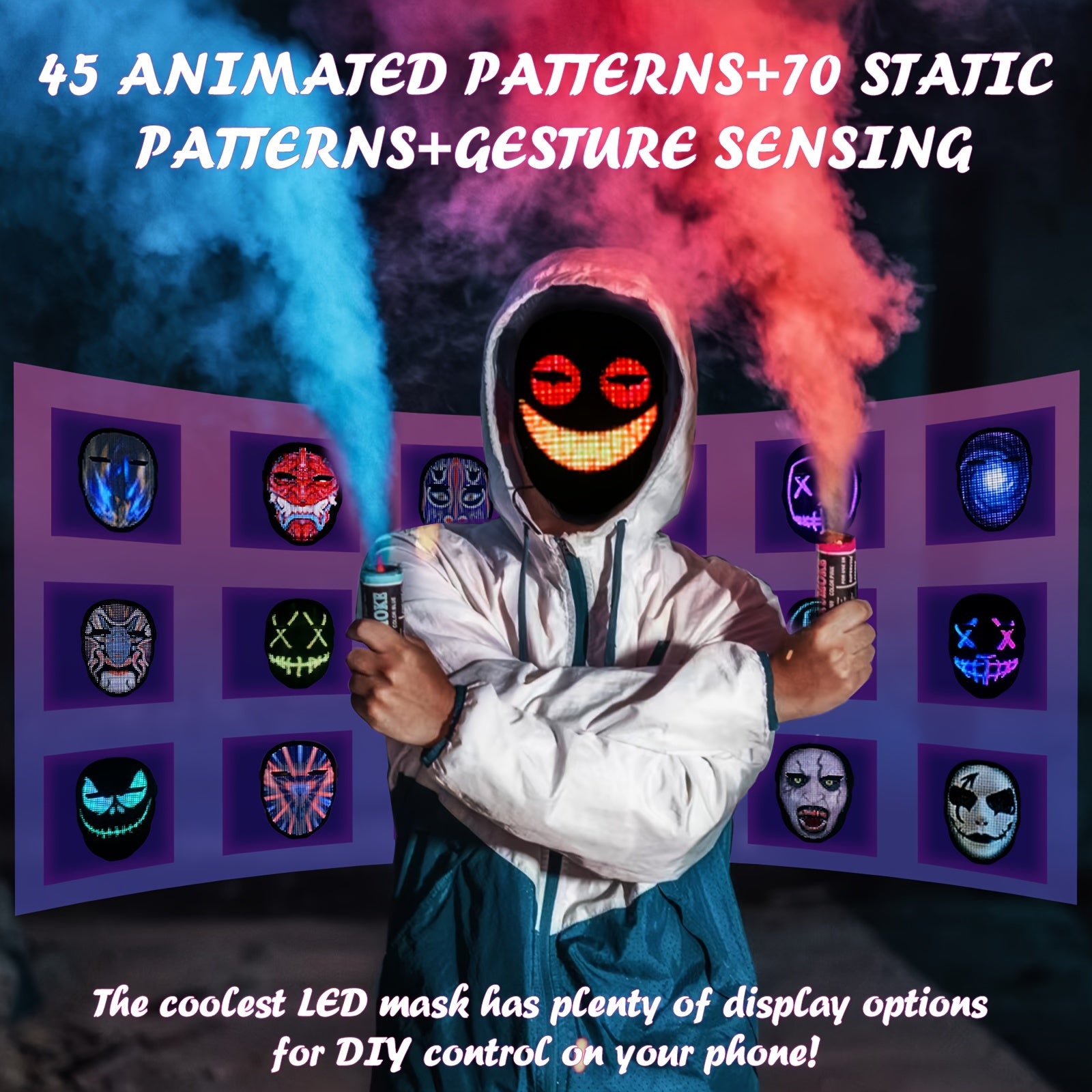 App-Controlled LED Face Mask with RGB &amp; - Real-Time Light Effects, - Portable Party Mask for Adults, Halloween Costumes, Nightclub &amp; Photo Shoots (Compatible with Smartphones)