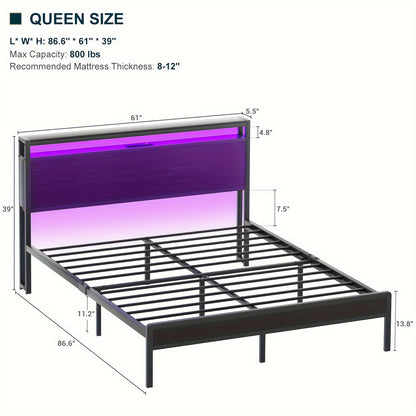 Homieasy LED Bed Frame with Headboard and Charging Station, Industrial Style Metal Platform Bed, Steel Plate Support, No Spring Bed, Noiseless, Easy to Assemble, Black