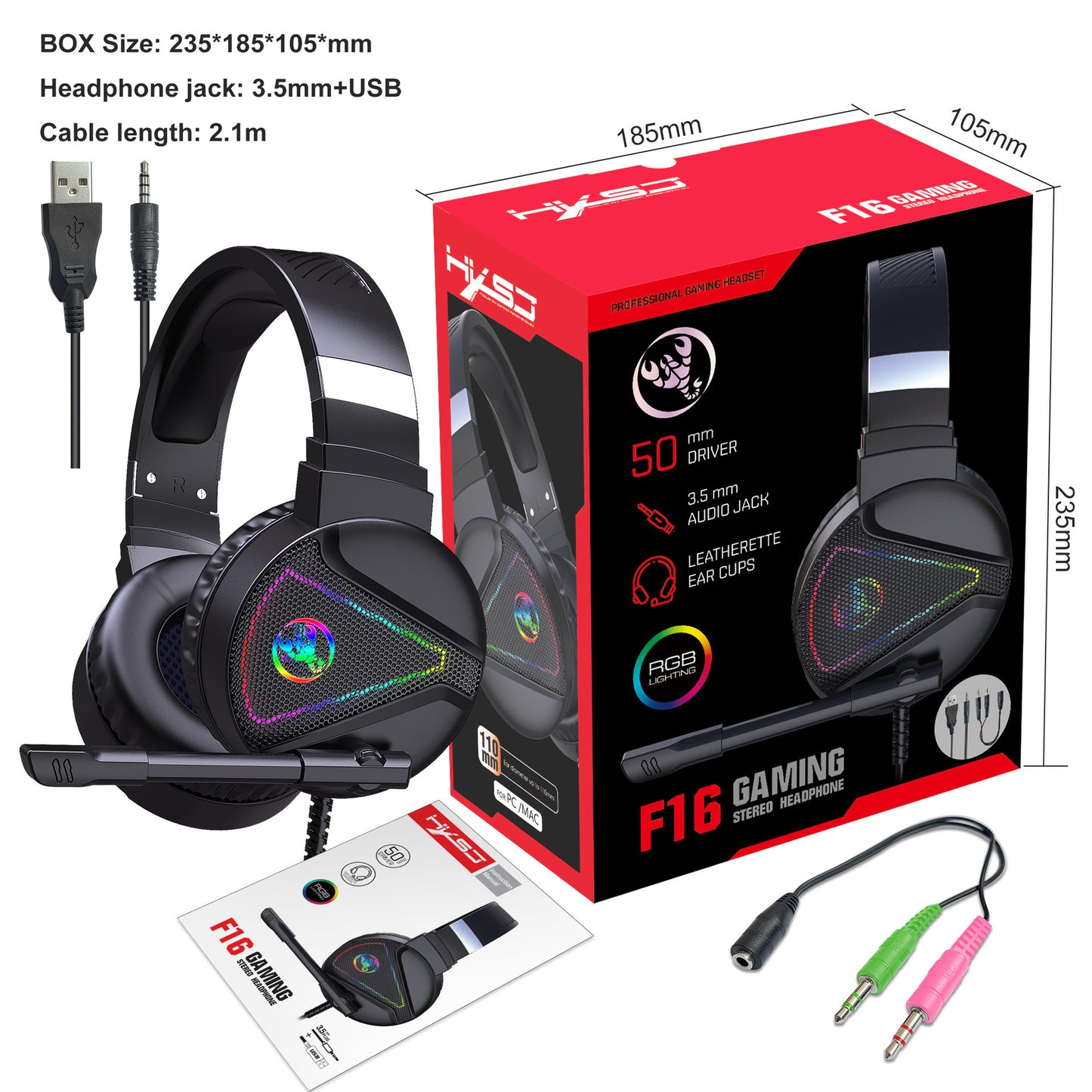 RGB Gaming Headset - Wired ABS Material Headphones With Mic, USB Plug