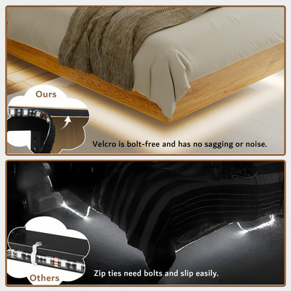 Valnase Floating Bed Frame With LED Lights, With Built-In Charging Station Storage Wooden Headboard, Heavy-Duty Metal Support, Easy Assembly