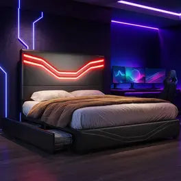 Queen bed frame, Queen bed frame with headboard Modern Platform Bed Frame with RGB LED Headboard Lighting, Queen size bed frame, 4-Drawer Storage