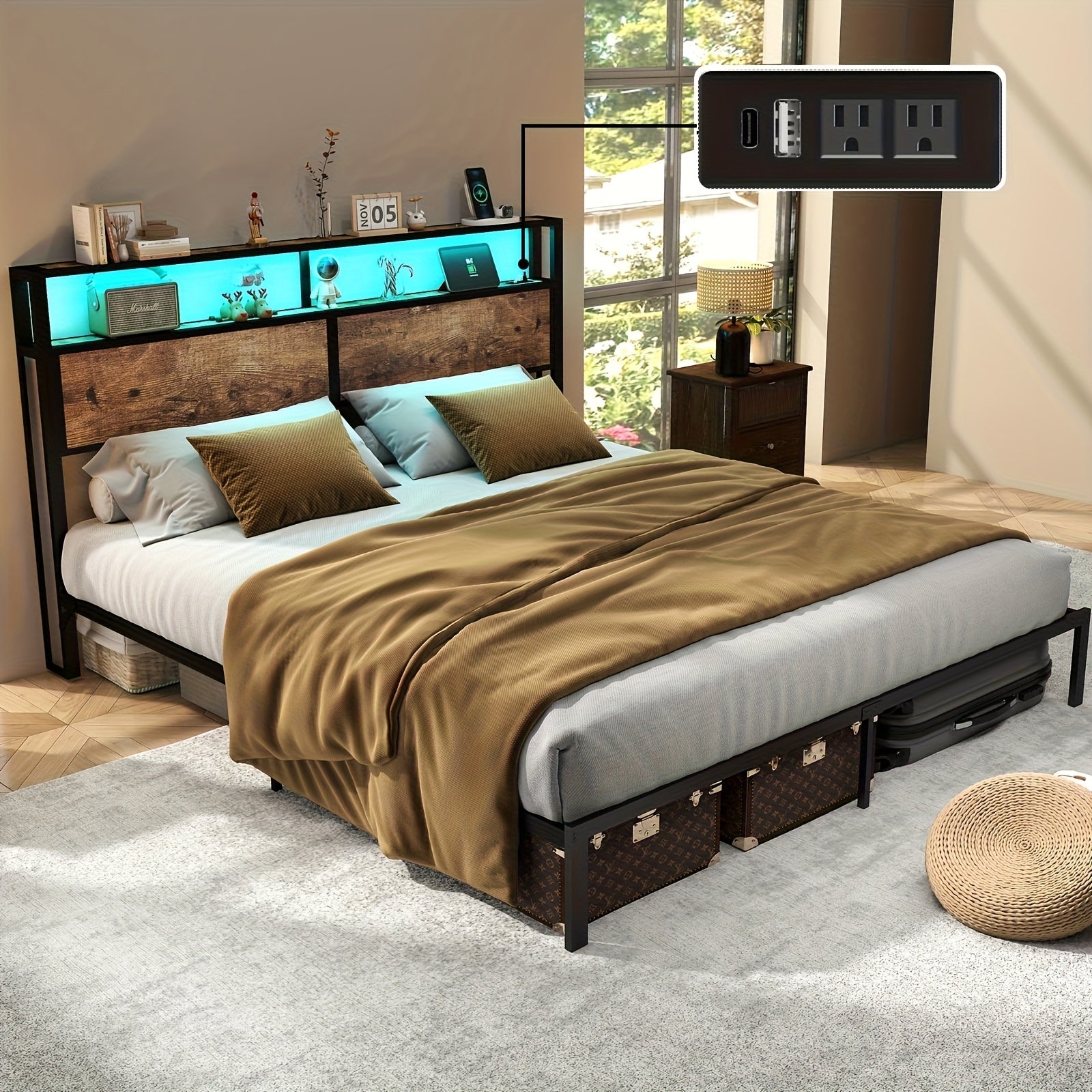 Sturdy Metal Bed Frame with LED Lighting - Heavy-Duty, Under-Bed Storage, No Box Spring Needed, Mattress Foundation, Durable, Easy Assembly, Space-Saving Design