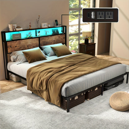 Sturdy Metal Bed Frame with LED Lighting - Heavy-Duty, Under-Bed Storage, No Box Spring Needed, Mattress Foundation, Durable, Easy Assembly, Space-Saving Design