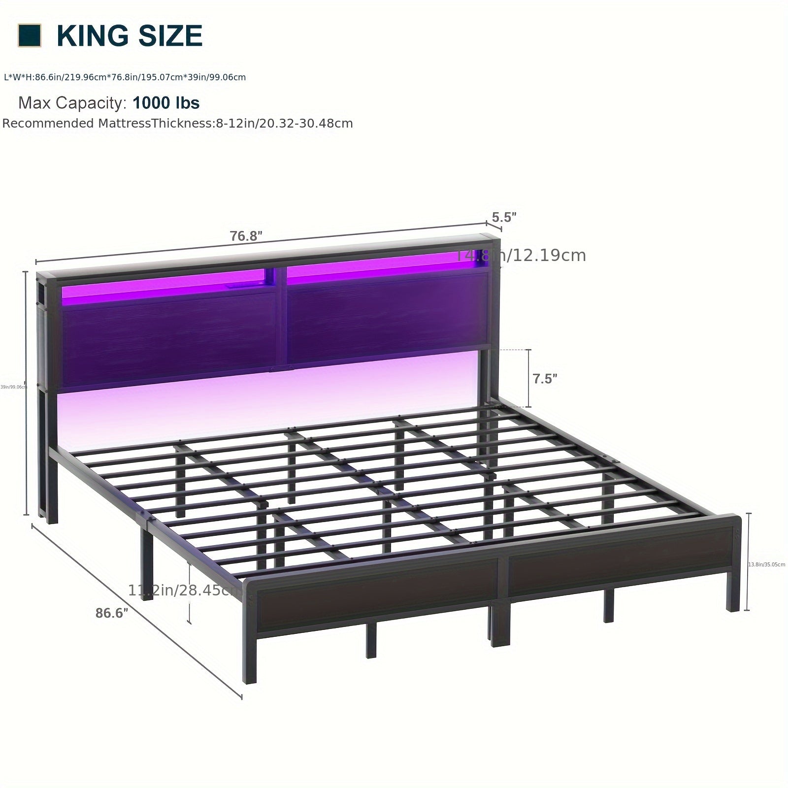 Homieasy LED Bed Frame with Headboard and Charging Station, Industrial Style Metal Platform Bed, Steel Plate Support, No Spring Bed, Noiseless, Easy to Assemble, Black