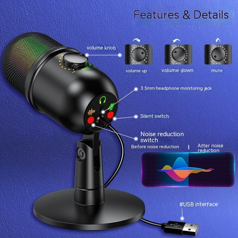 USB Microphone - RGB Gaming Mic for Live Streaming & Recording with Black Design