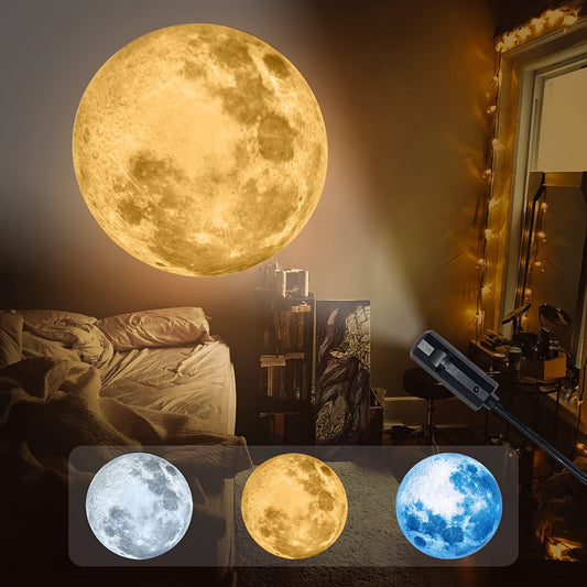 1 lamp + 3 colored moon filters (yellow, white, blue). USB plug-in portable LED projection light for bedroom ceiling photo background decoration, 360° rotatable decorative light. Perfect for Valentine's Day, proposal, wedding, camping, Halloween, and Christmas decorations